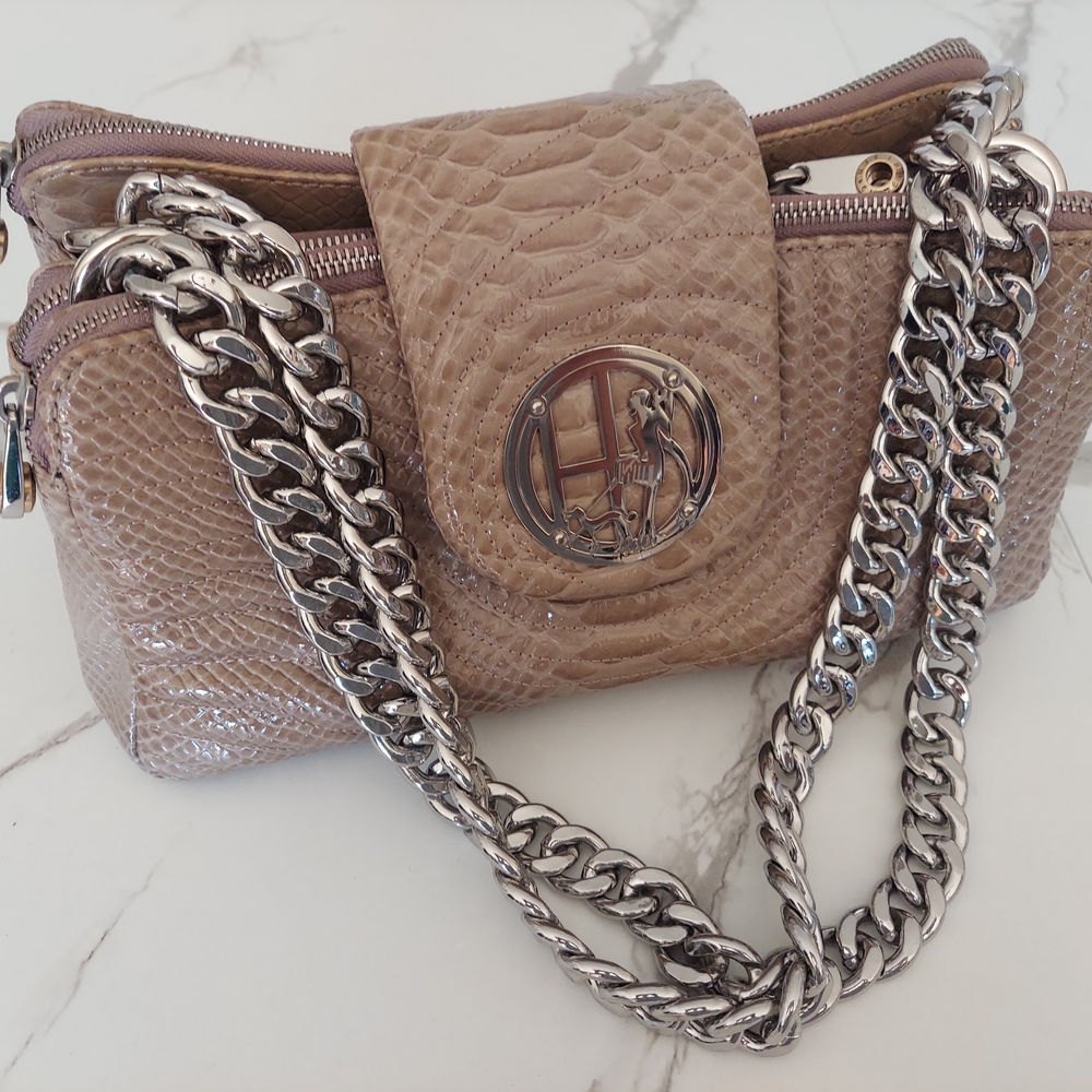 Henri Bendel Tan Silver Textured Leather Shoulder Bag